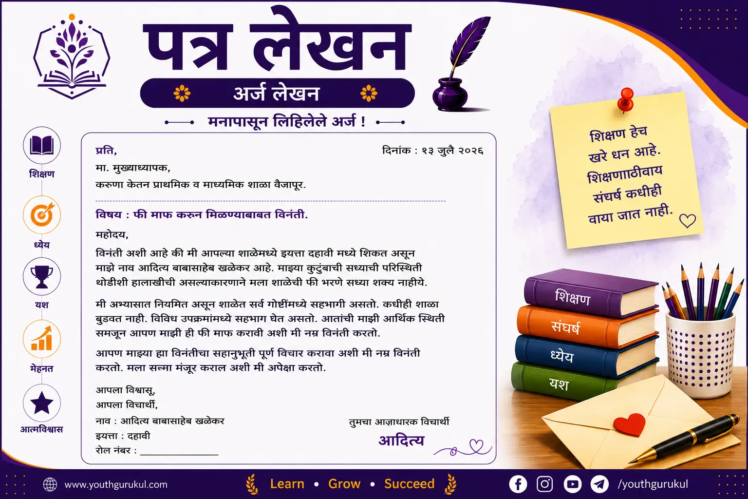 मुख्याध्यापकांना फी माफीसाठी अर्ज | Fee Mafisathi Arj Marathi | मराठी अर्ज लेखन